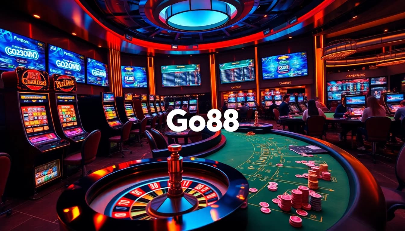 Go88 players enjoying a vibrant casino experience at luxurious gaming tables with roulette and slot machines.