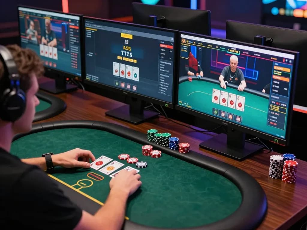 Engaged player at nhà cái fly88 using multiple screens for online poker, showcasing high-stakes excitement.