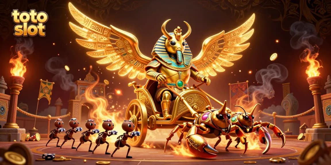 Win big with toto slot featuring a majestic golden scarab beetle and dynamic gambling symbols.