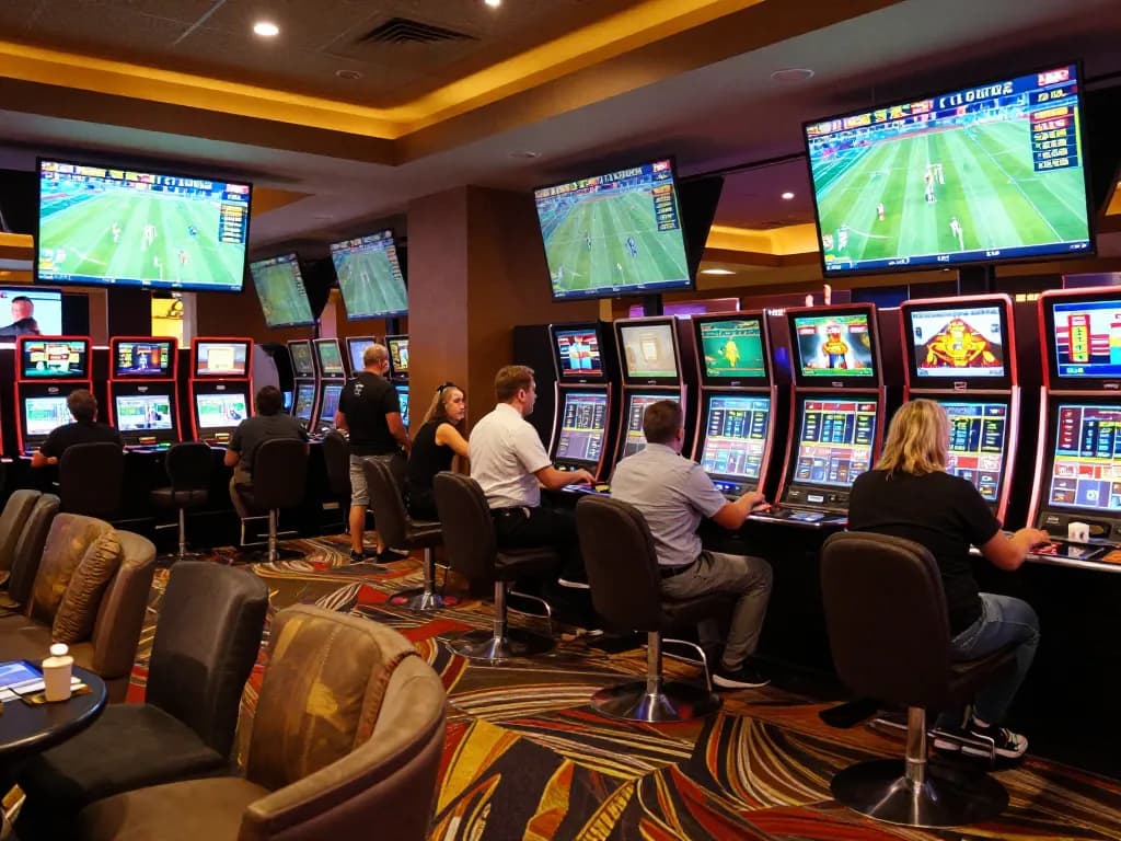 Engaging in kèo bóng đá betting strategies amidst live odds on multiple screens in a vibrant casino.