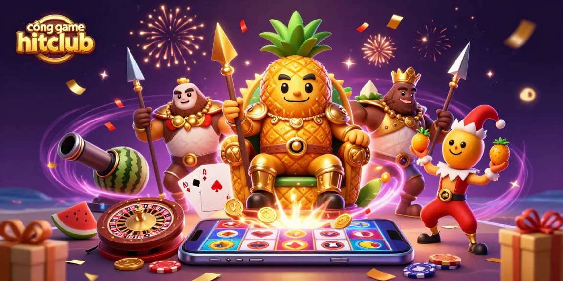 Engage with cổng game hitclub as the golden pineapple king and friends celebrate on a vibrant beach casino.