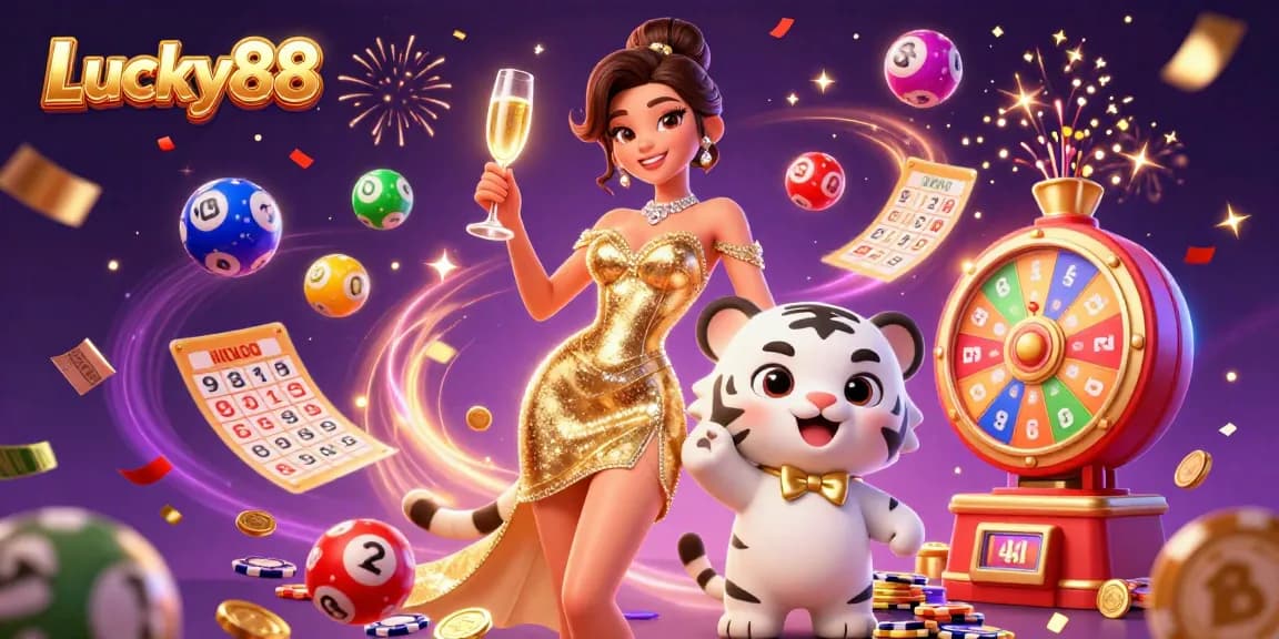 Spin to win with Lucky88 as a glamorous woman celebrates alongside a lucky tiger cub amidst lively casino elements.