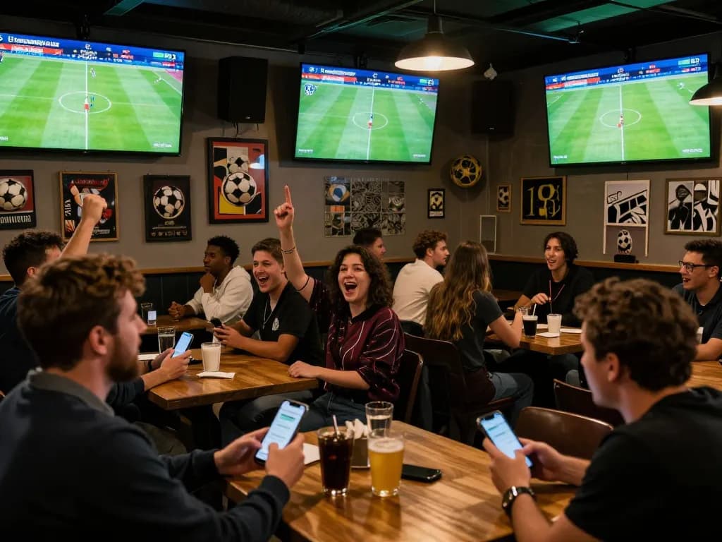 Kết quả bóng đá displayed on screens in a vibrant sports betting atmosphere.