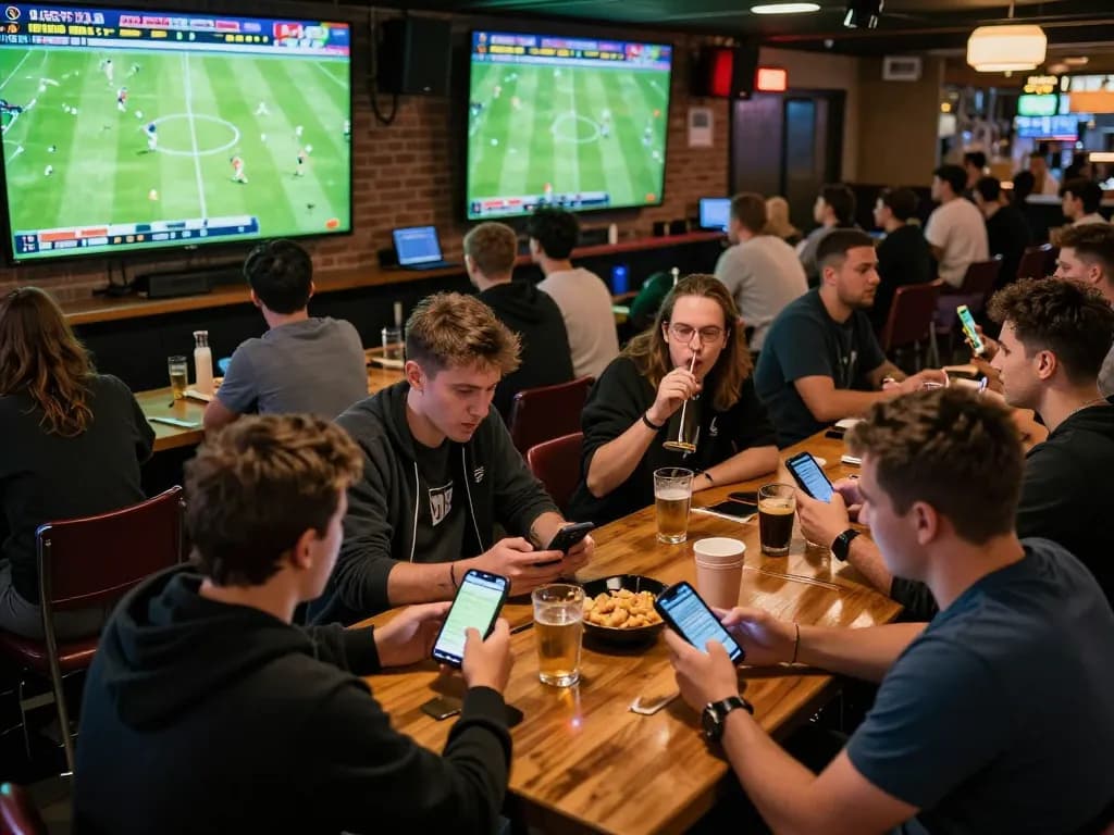 Fans at a lively sports bar engaging in KQBD betting on mobile devices while watching football matches.