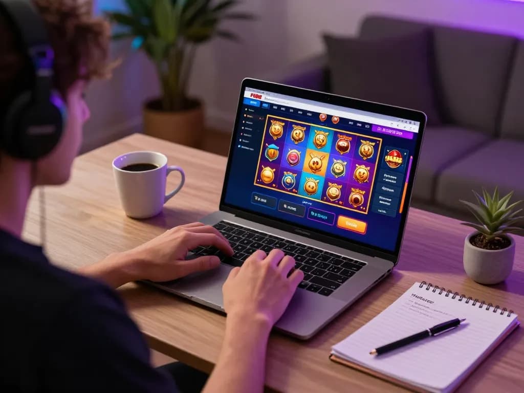Engaging with fb88 online casino slot games in a cozy home setting, focusing on strategy.