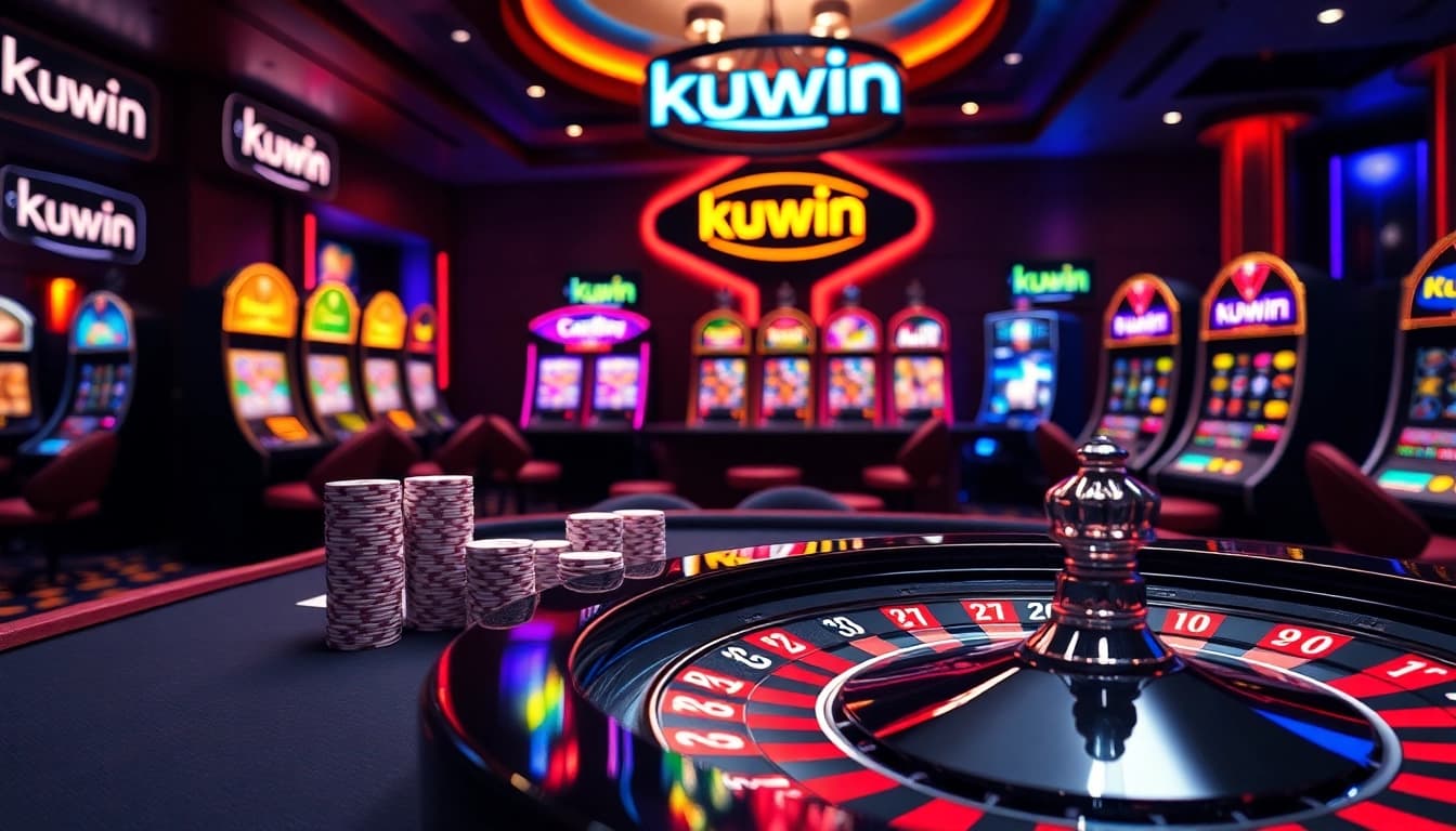 Kuwin casino table with poker chips, cards, and roulette wheel in an exciting atmosphere.