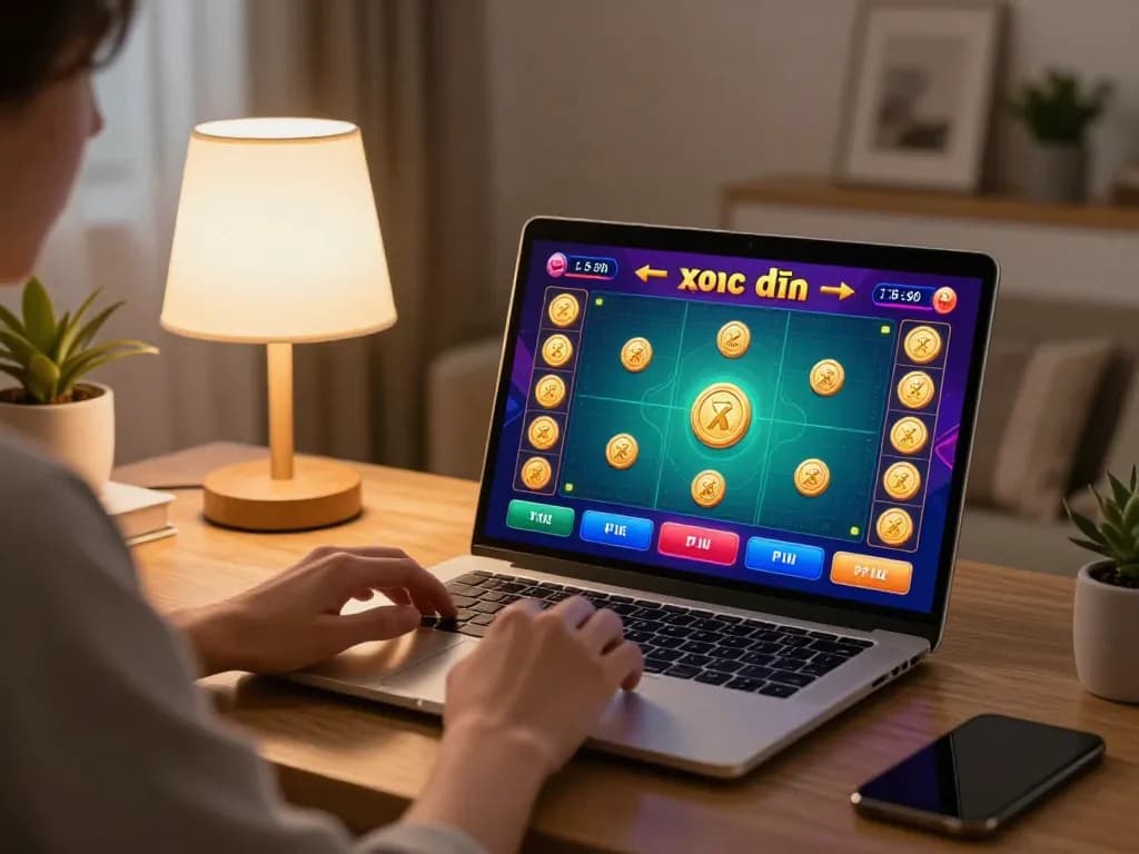 Engaging player enjoying xóc đĩa online with a vibrant laptop game screen in a cozy home setting.