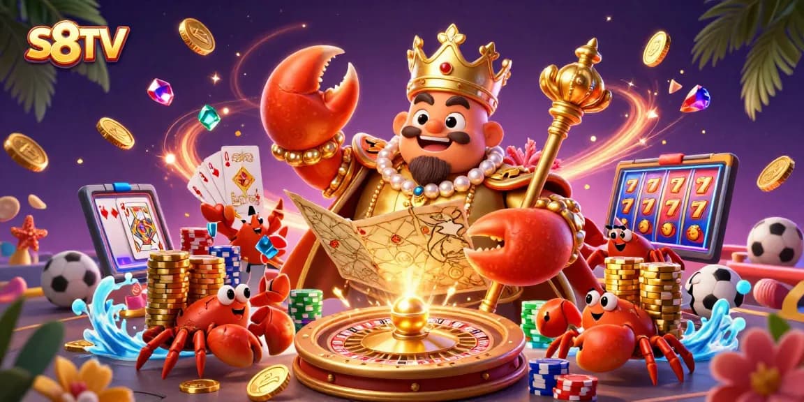 S8TV delivers thrilling sports betting excitement with a golden emperor crab surveying a rich casino scene.