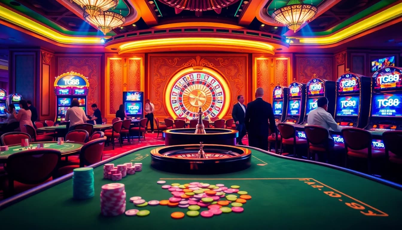 Players engaged in thrilling casino games, with TG88 logo prominently featured on vibrant slot machines.