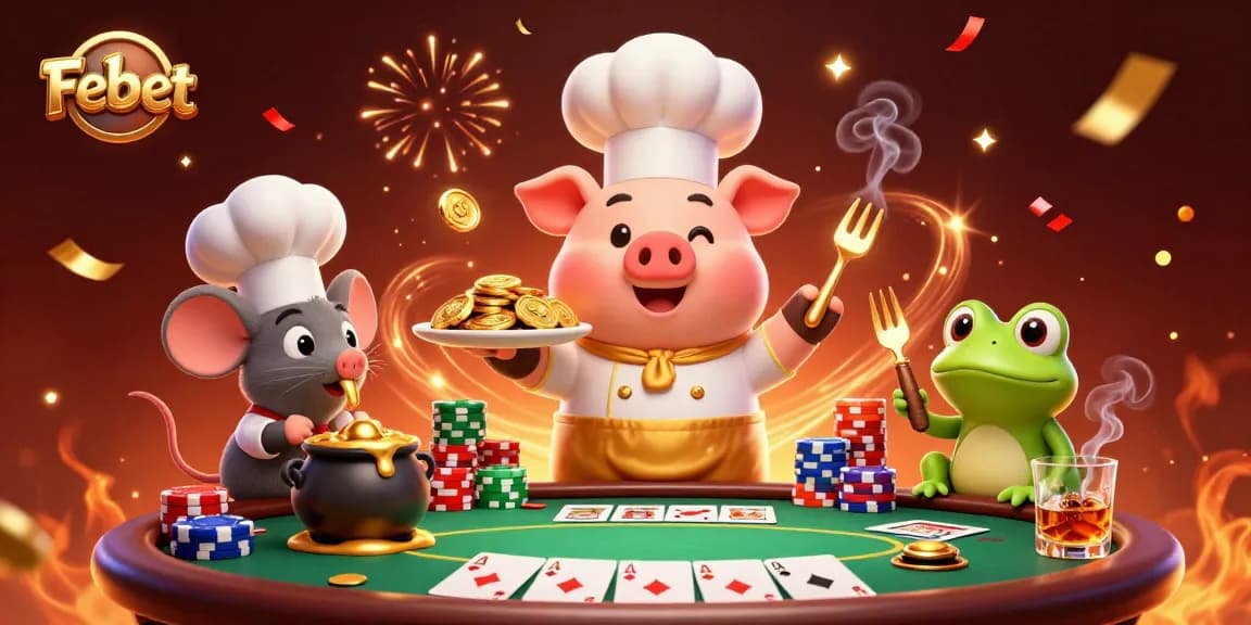 Febet showcases a vibrant scene of cartoon characters immersed in a dynamic casino environment, featuring poker games.