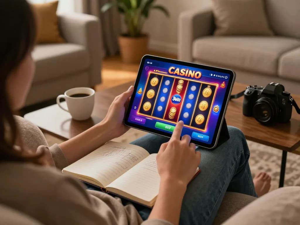 Player wins big on 3win app showing slot machine screen in cozy home setting