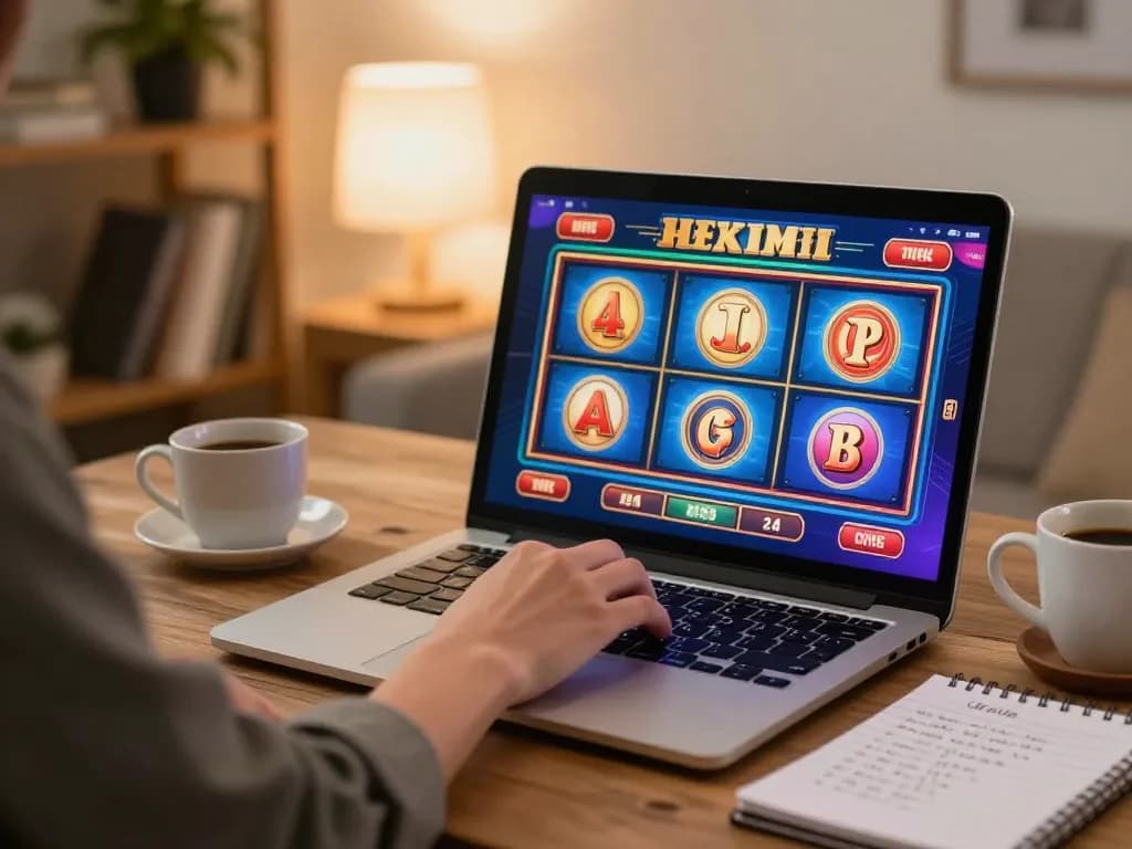 Dabet players enjoying online slots in a cozy home setup, showing engaging gameplay