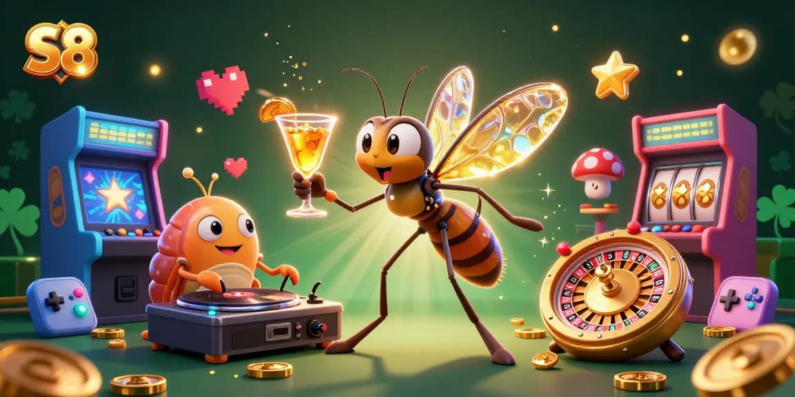 S8 casino illustration featuring a cartoon mosquito mascot and a trilobite DJ among slot reels and gaming elements.