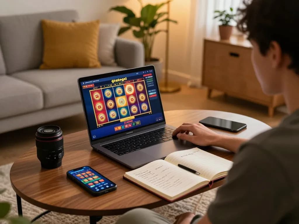 Playing gtatogel slots on a laptop in a cozy home setting with vibrant interface and betting notes.
