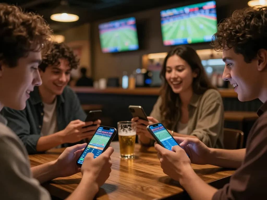 Bongdallu users enjoying sports betting excitement in a vibrant bar setting with mobile devices.