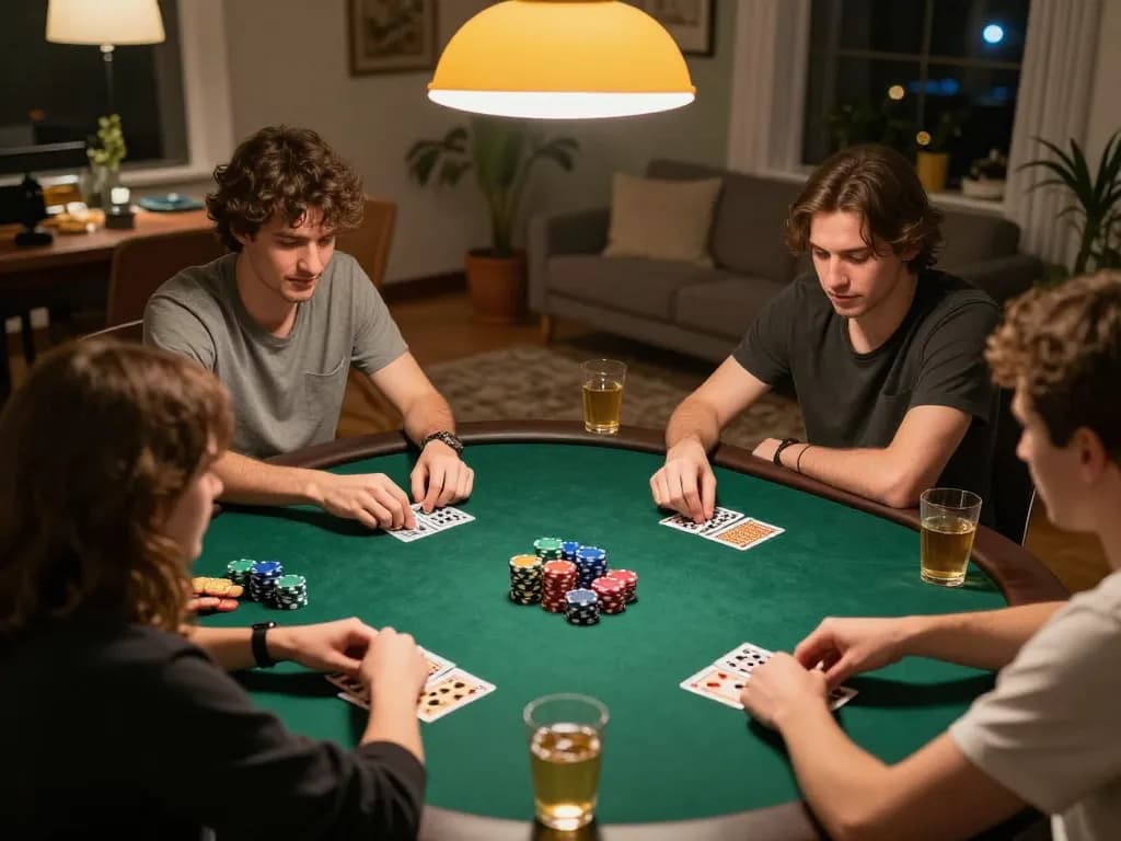 Kubet88 home poker night with friends playing cards and enjoying snacks and drinks.