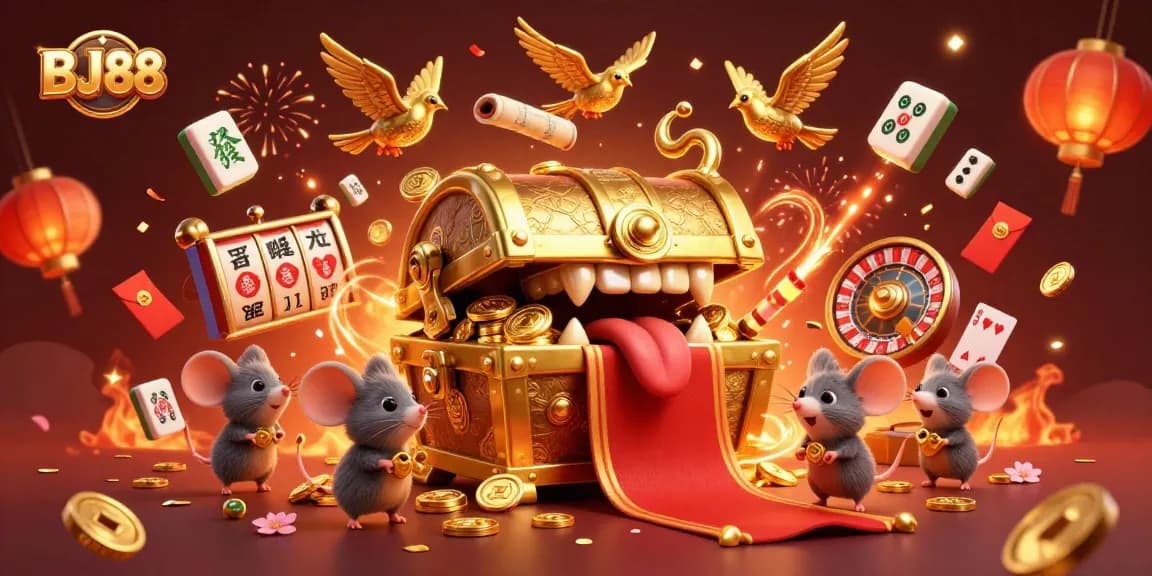Engage in thrilling casino games with BJ88's enticing treasure chest, glowing coins, and lucky symbols.