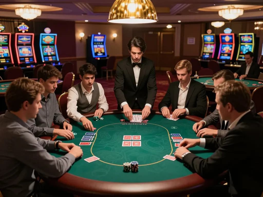 Engaged players strategically betting at the va88 poker table in an upscale casino.