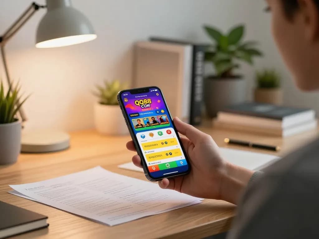 Engaging with QQ88 COM app on a smartphone in a modern home office.