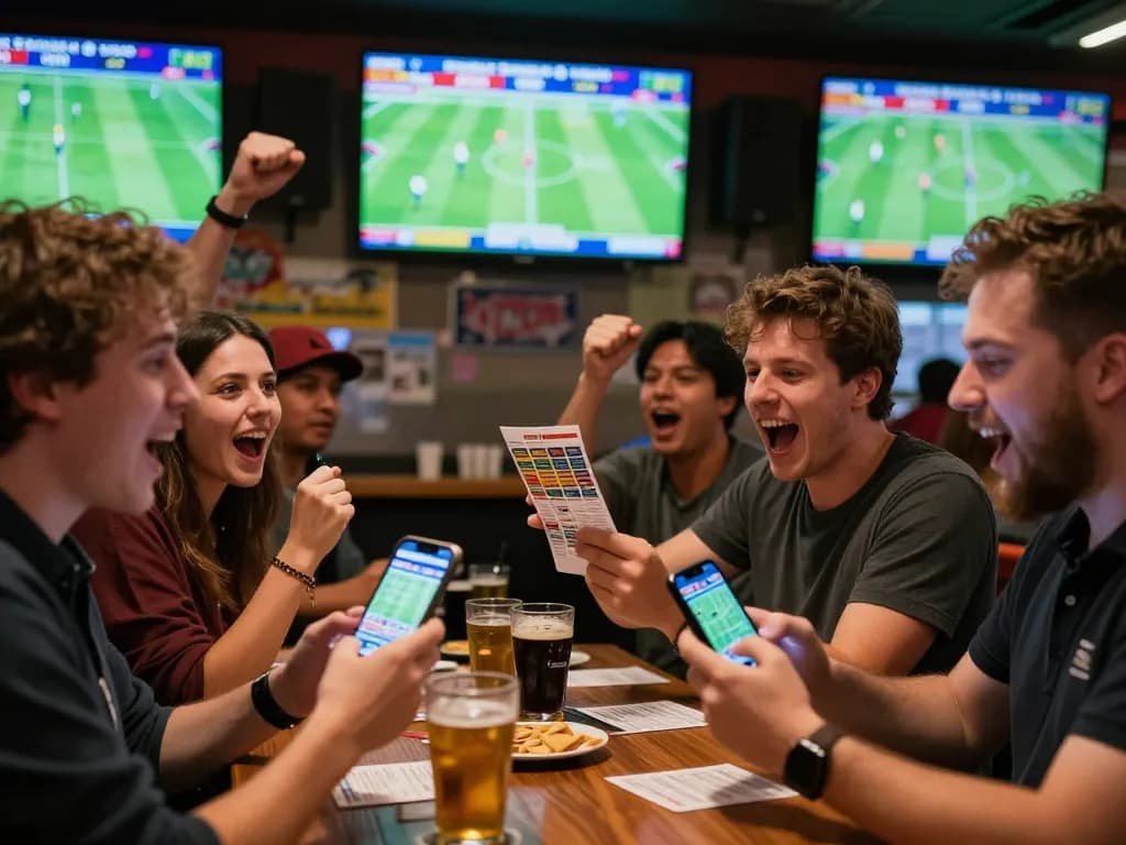 Exciting sports betting action on football with fans cheering and betting slips during live matches.