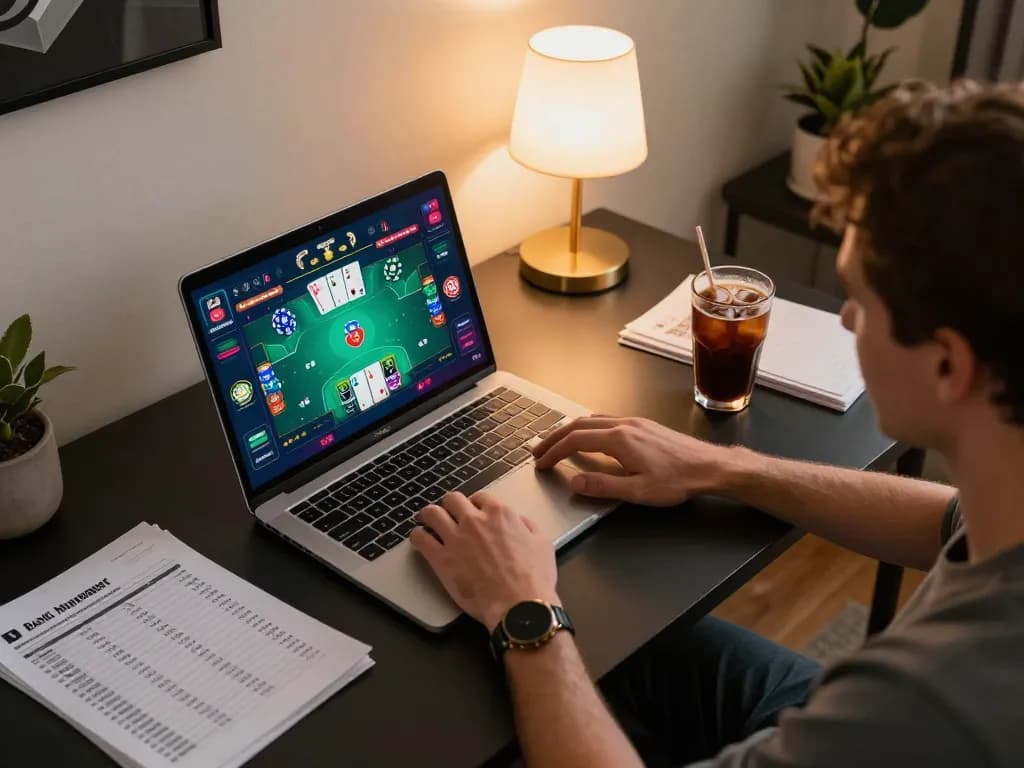 Engaging in online poker at home with 789win 37, showcasing modern gaming setup and strategic notes