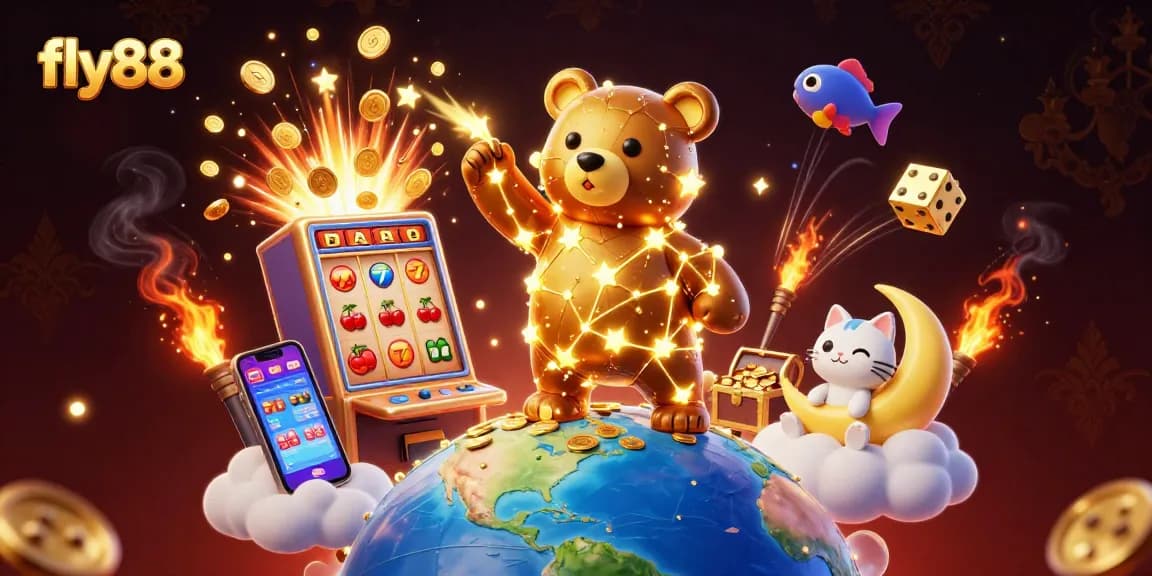 Experience the thrill at fly88 with a vibrant 3D casino scene featuring exciting game elements.