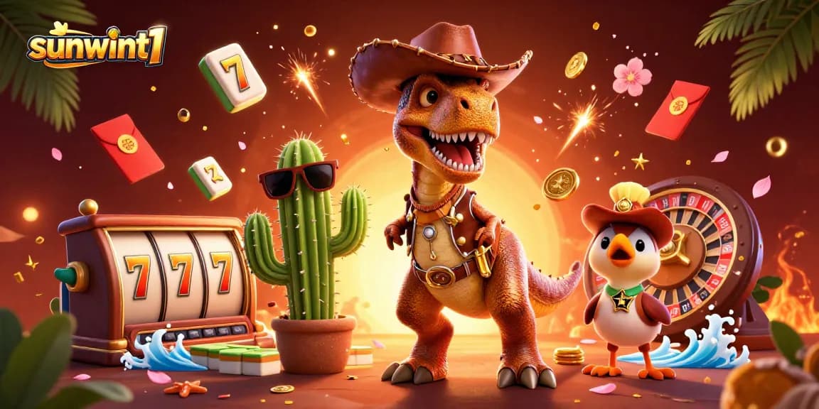 Experience big wins with sunwint1 in a dynamic 3D cartoon casino scene featuring vibrant slot games and energetic characters.