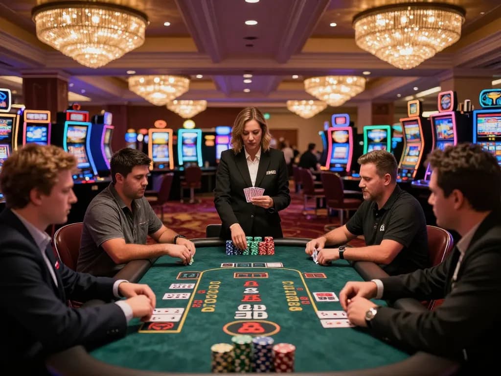 Players engaged in a strategic blackjack game at a luxurious casino, mb666 excitement evident as they place bets.