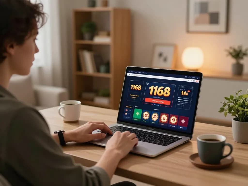 Player using f168 app on laptop in a cozy home office, engaged in online casino gaming.