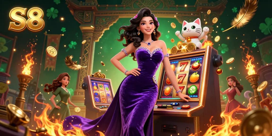 Engaging S8 slot machine scene with charismatic woman and fortune cat, showcasing epic jackpots.