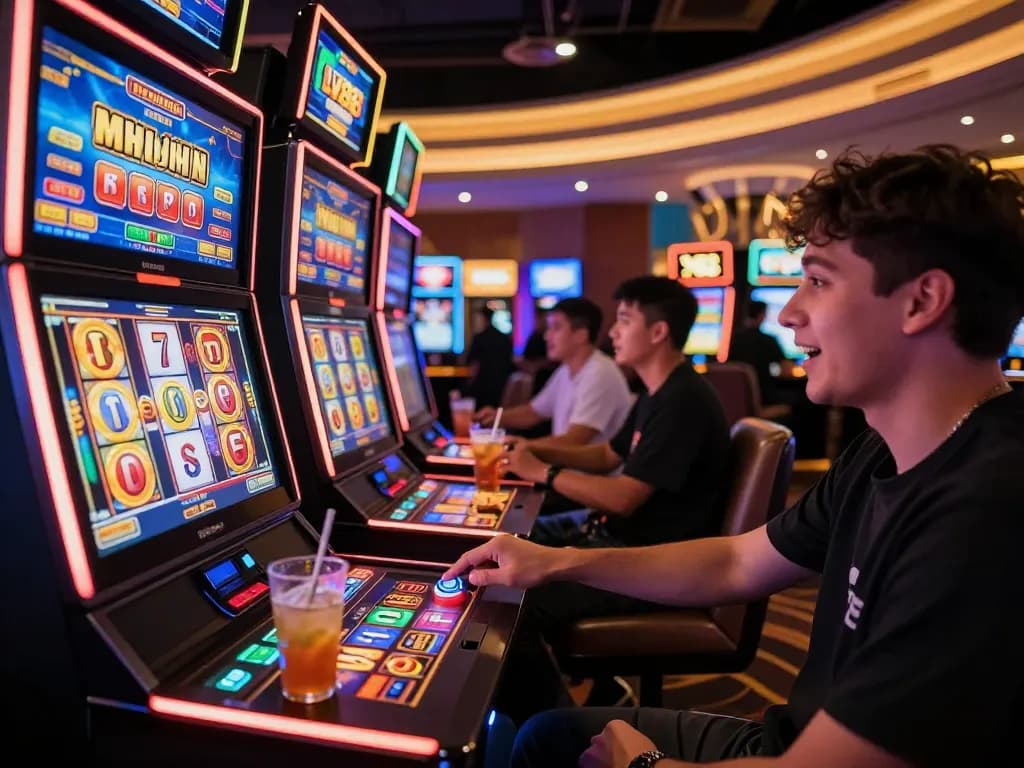 Players enjoying immersive slot machine experience at LV88 casino with vibrant displays.