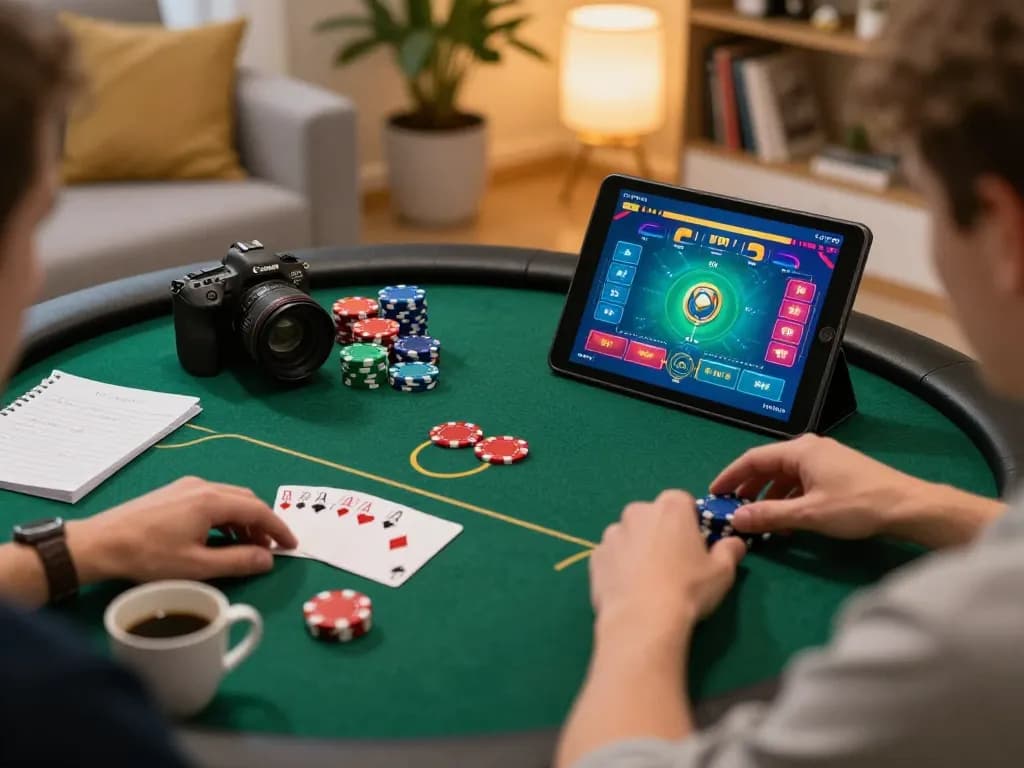 Onbet player engaging in an online poker game within a cozy home setting, showcasing strategic gameplay.