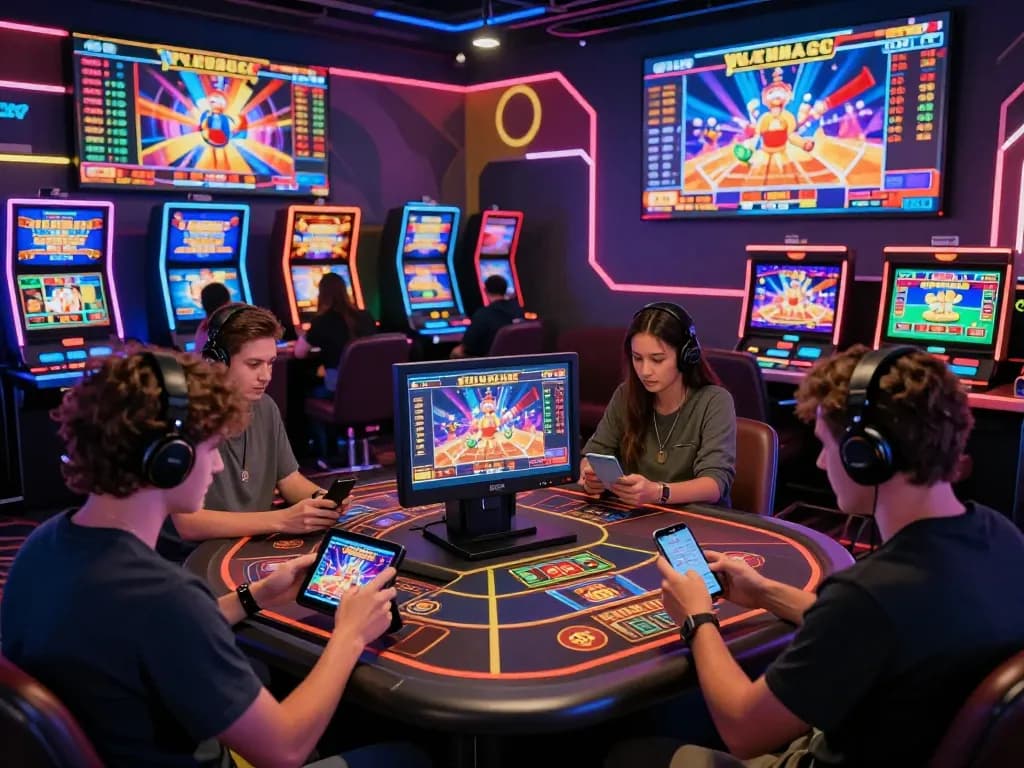 Players enjoying k88 online casino games on tablets and smartphones, featuring vibrant graphics and exciting atmosphere.