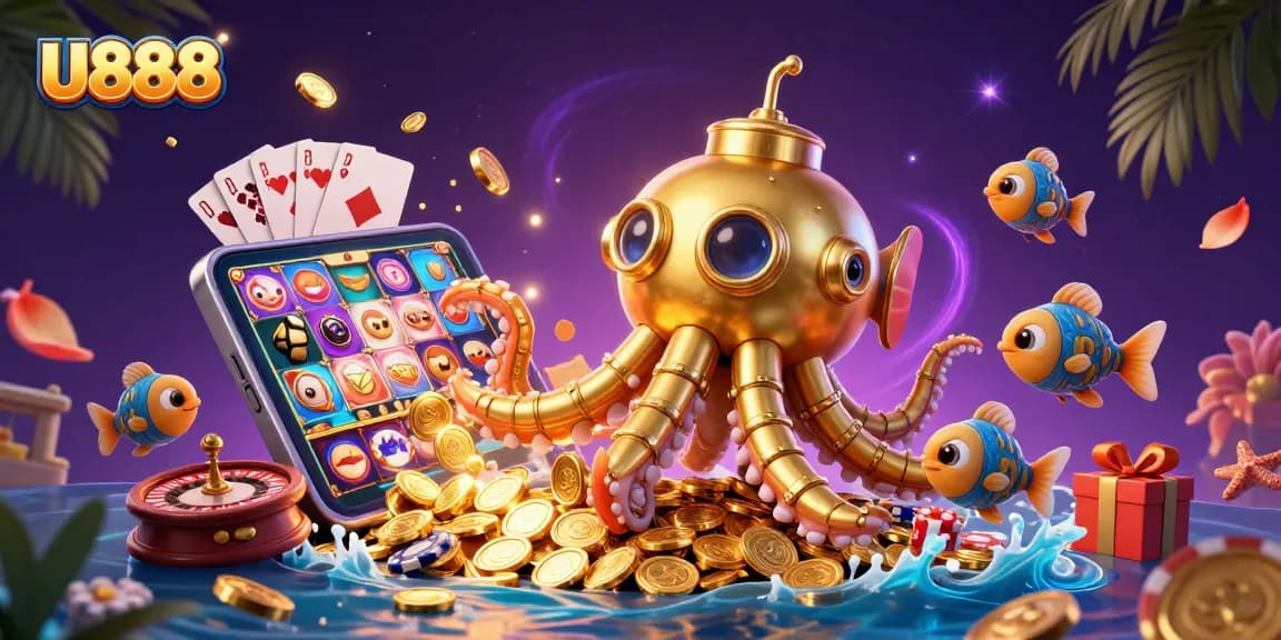 Experience U888's adventure with a kraken submarine among casino treasures and games.