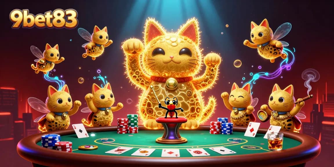 Experience thrilling wins at 9bet83 with a dynamic casino-themed illustration showcasing exciting game elements.