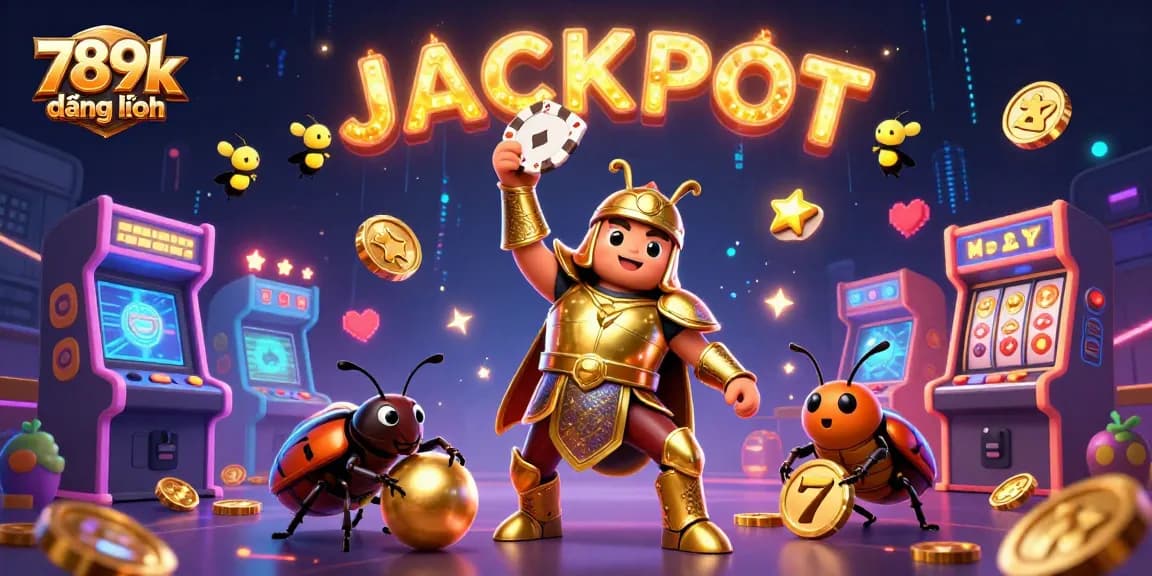 Engage with the thrilling world of 789k đăng nhập as a victorious beetle lifts a poker chip amid glowing casino elements.