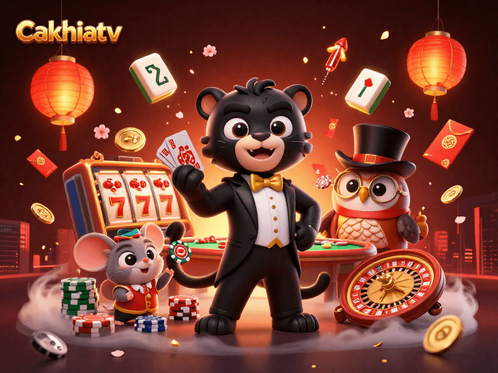 Engage with cakhiatv's vibrant casino scene featuring a tuxedo panther, poker owl, and lucky mouse.