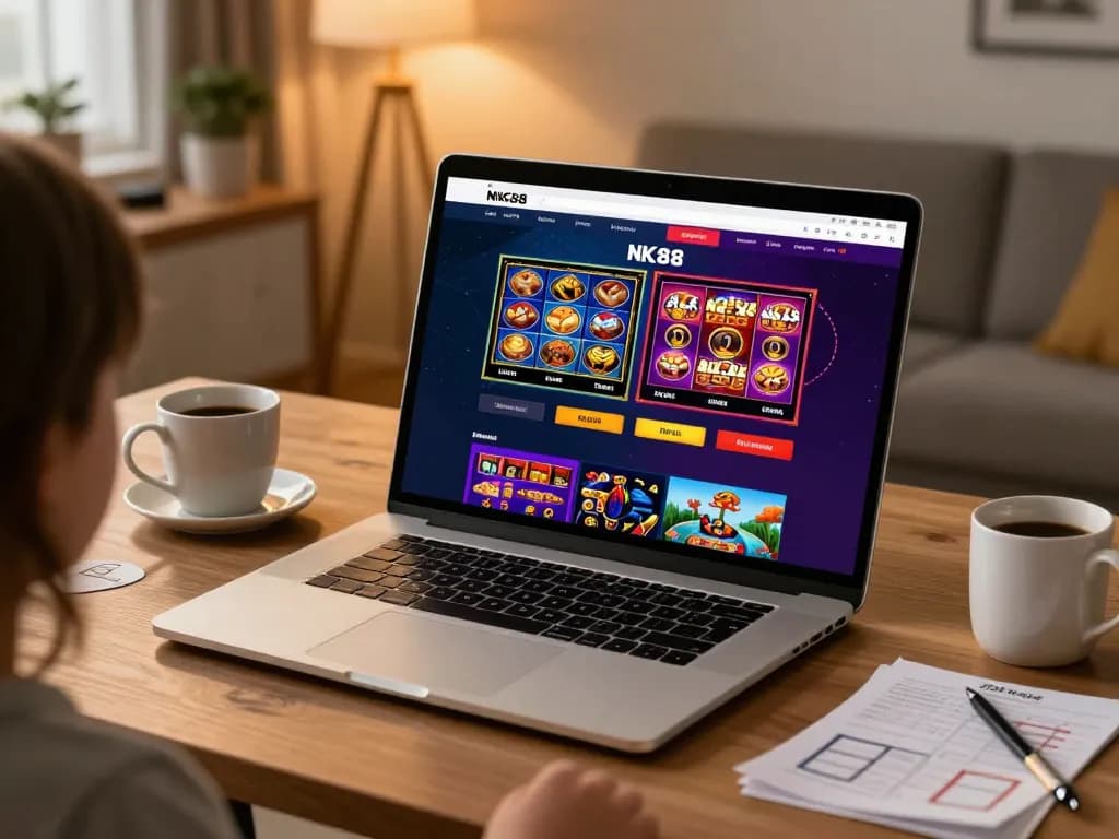 Engaging in online gambling at https://nk88.actor/ with colorful slots on display in a cozy home office