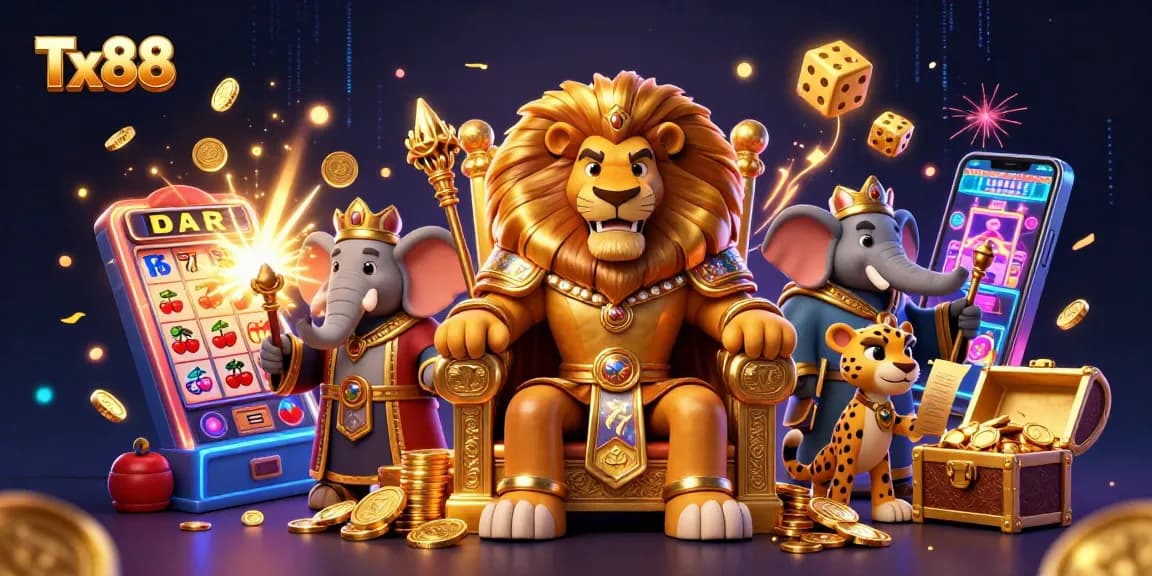 Engage with Tx88 as the lion king rules the casino realm amid exploding jackpots and vibrant game symbols.