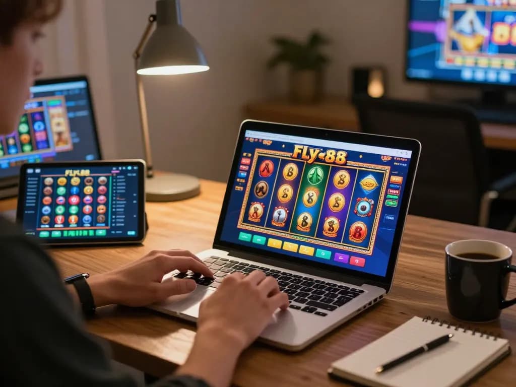 Engaging moment with fly 88 slot game displayed on a person's laptop in a cozy home gaming setup