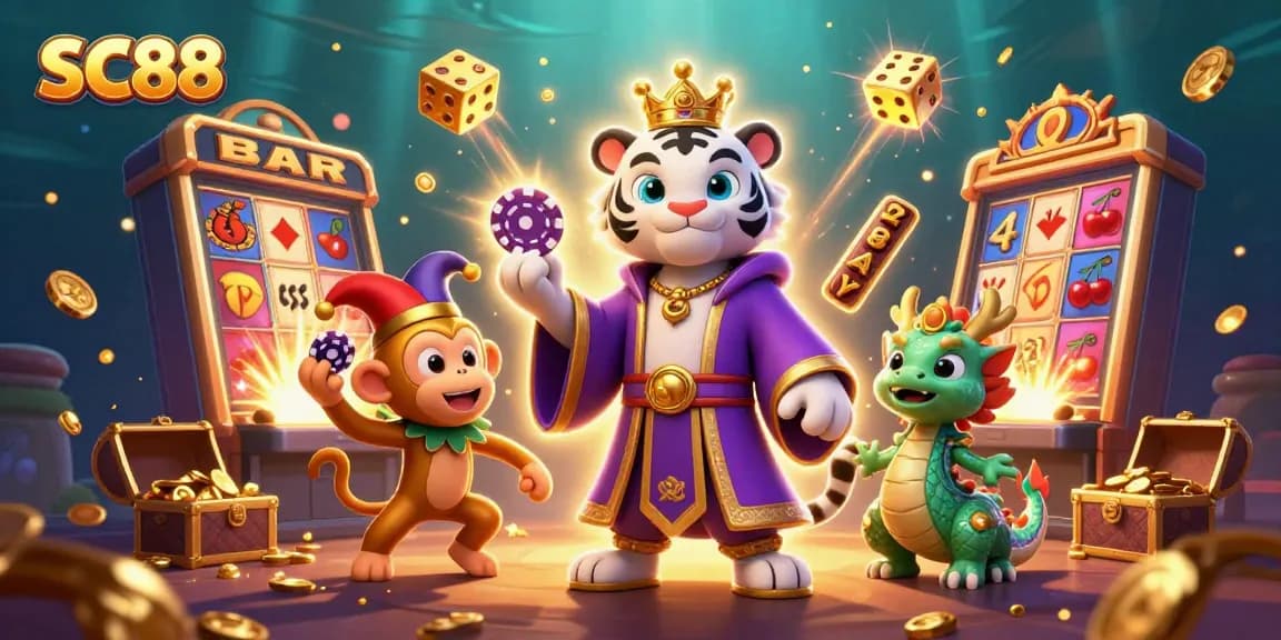 Players engaging in exciting casino games at SC88, with vibrant characters and jackpot elements.