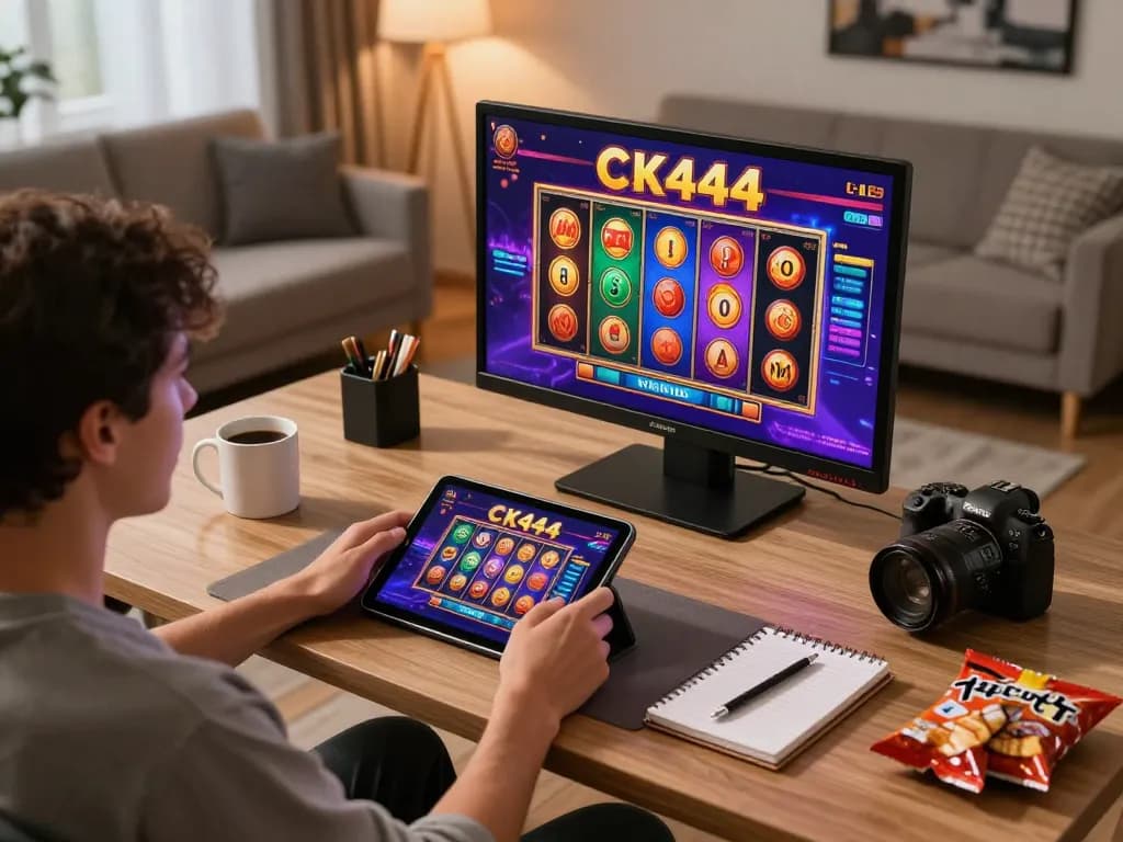 CK444 player enjoying exciting online slot games in a cozy home environment