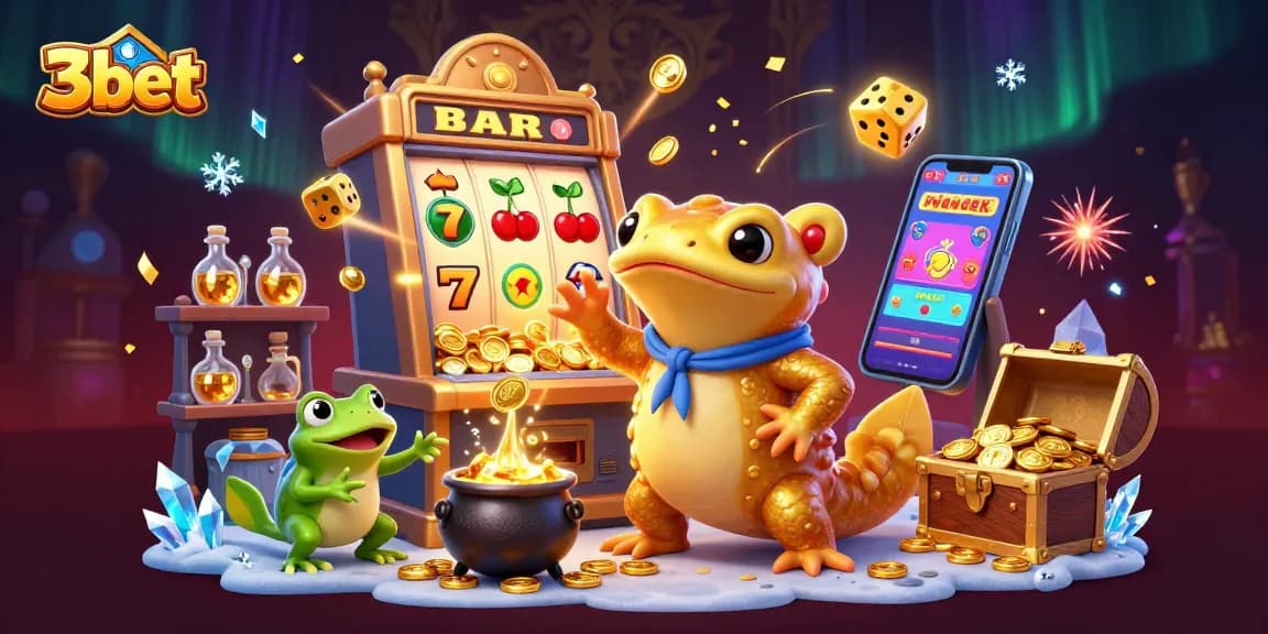 Win jackpots at 3bet with golden coins and vibrant casino elements in a magical lab.