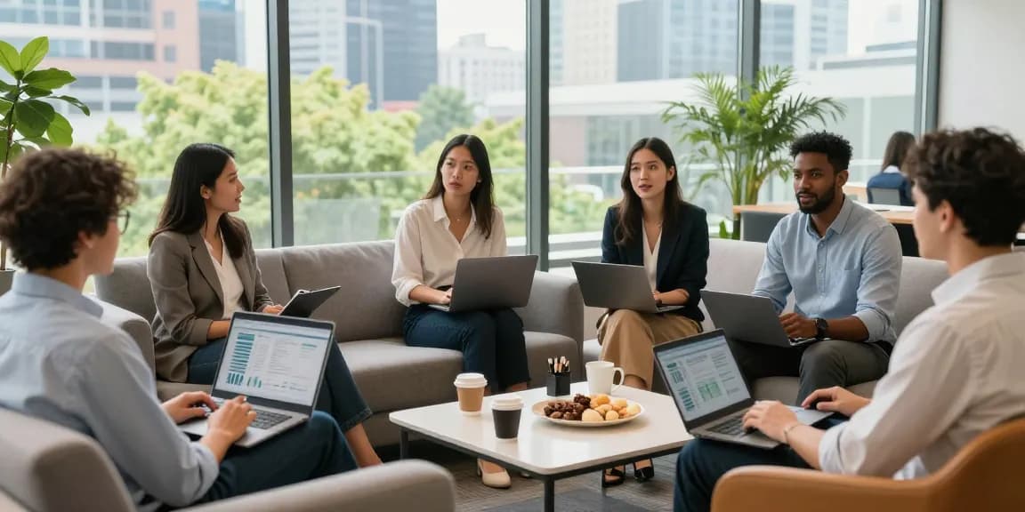 Professionals discussing 123b innovations in a modern office lounge.