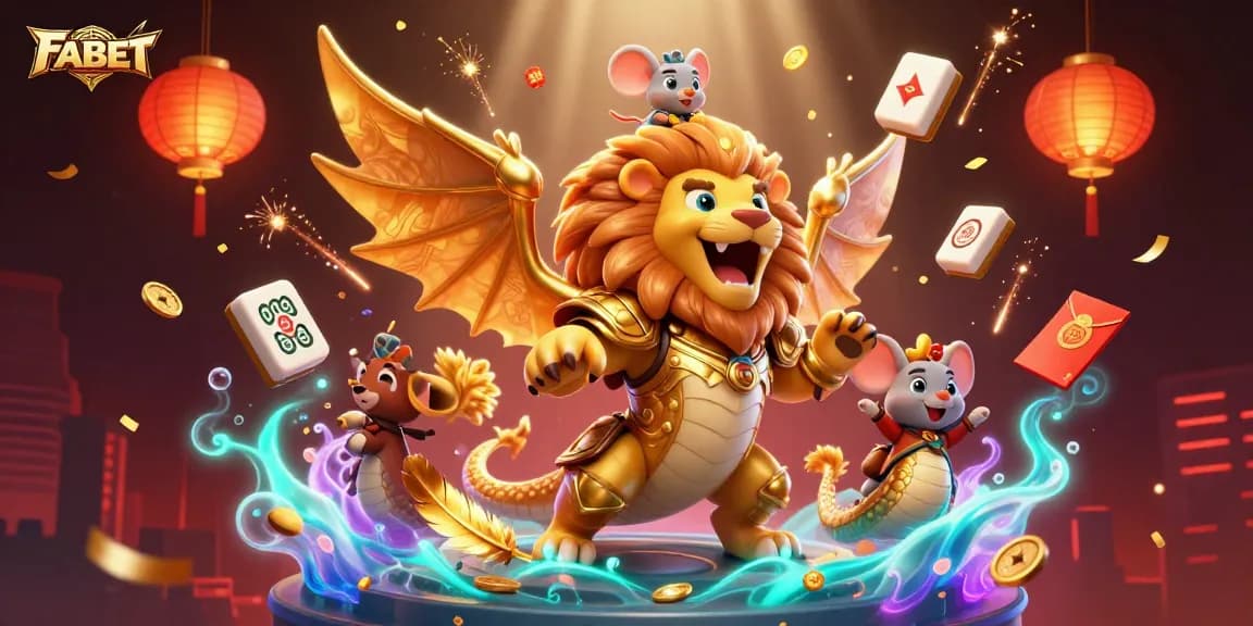 Experience thrilling gameplay with FABET in a vibrant, action-packed illustration filled with casino elements.