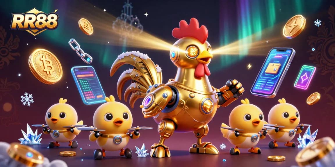 Engage with RR88's vibrant 3D casino scene featuring a golden rooster robot and crypto elements.
