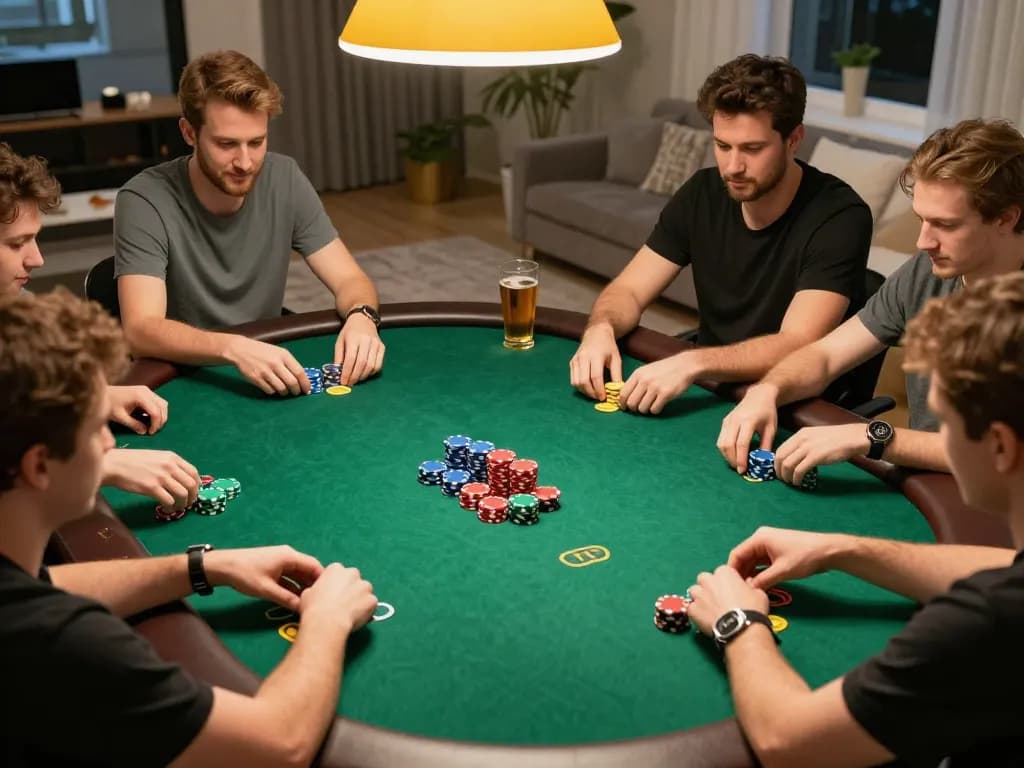 Players enjoying a friendly home poker night with strategic gameplay action and go99 poker chips.