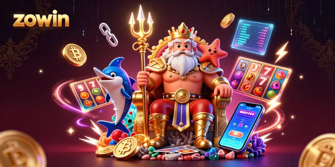 Engage with Zowin's thrilling gaming experience featuring vibrant slot reels and crypto elements in an electrifying scene.