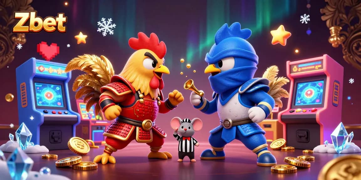 Zbet challenges players with a fierce duel between battling roosters in vibrant casino-themed setting.
