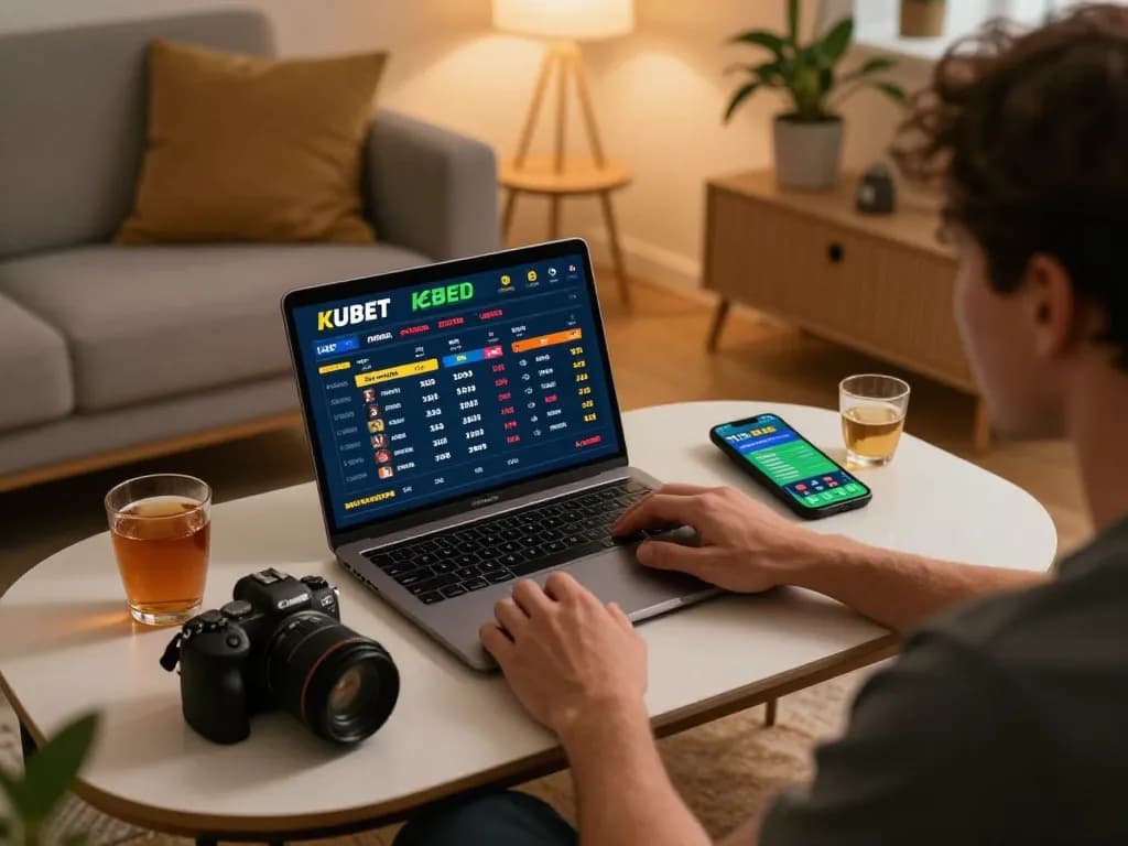 KUBET sports betting platform displayed on a laptop in a cozy home environment with warm lighting